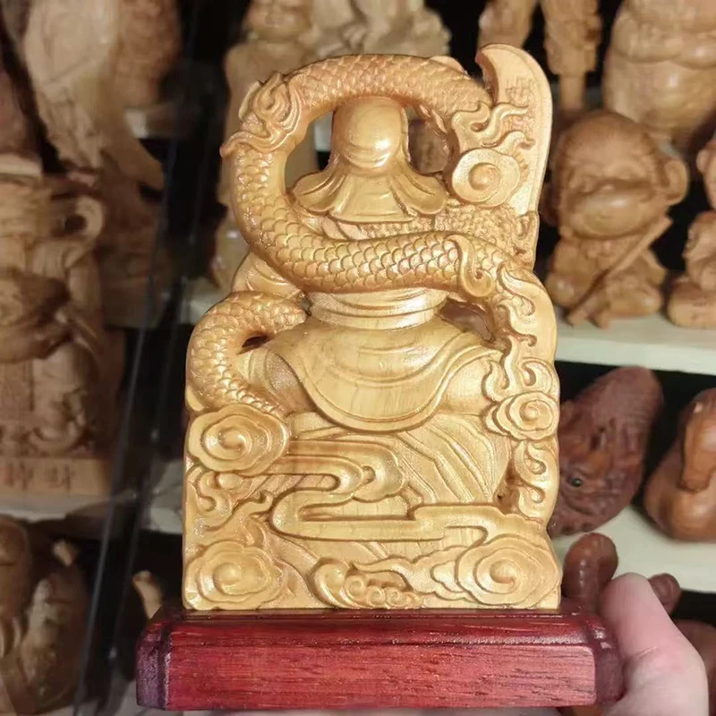 Wood Carving Lord Guan Figurine - Chinese God of Wealth Home Office Decor Feng Shui Wealth Luck Character Sculpture