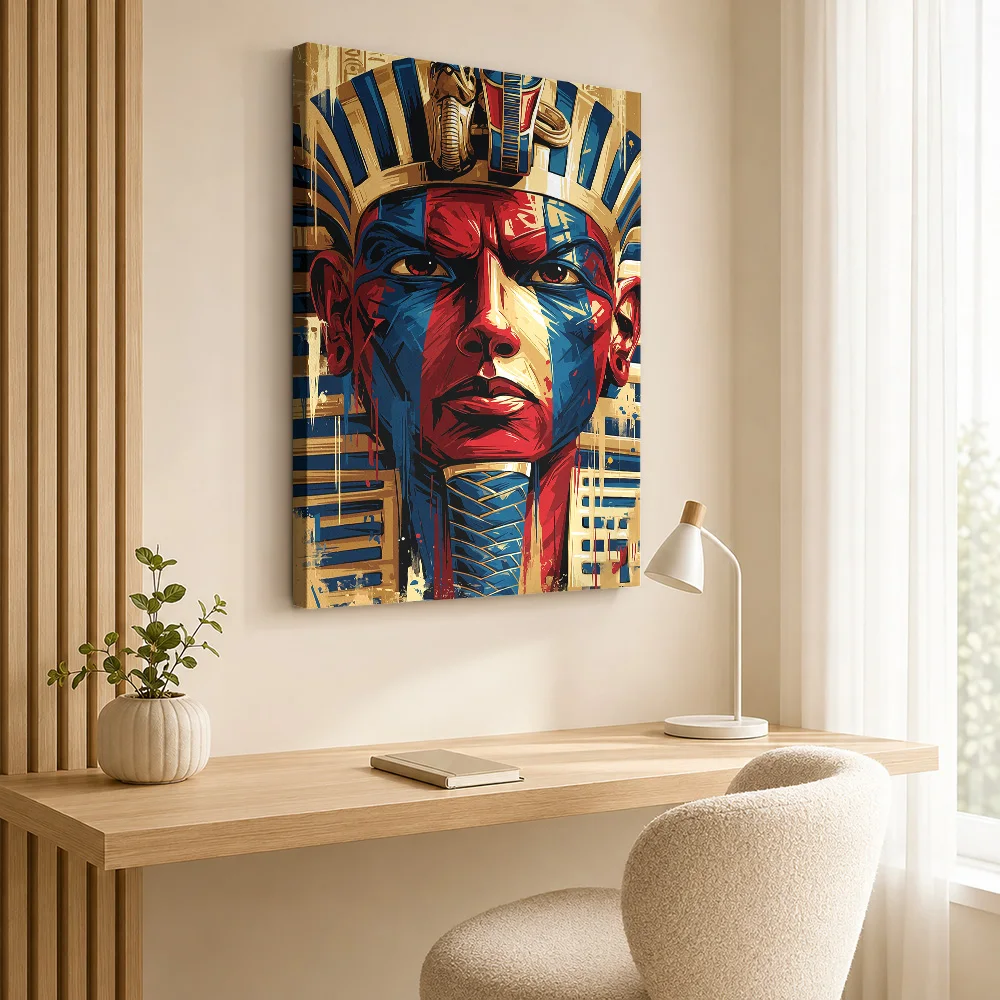 Pharaoh Tutankhamun History Portrait Wood Framed Canvas Poster Personalized Photo Colorful Geometric Detail Wall Art For Study