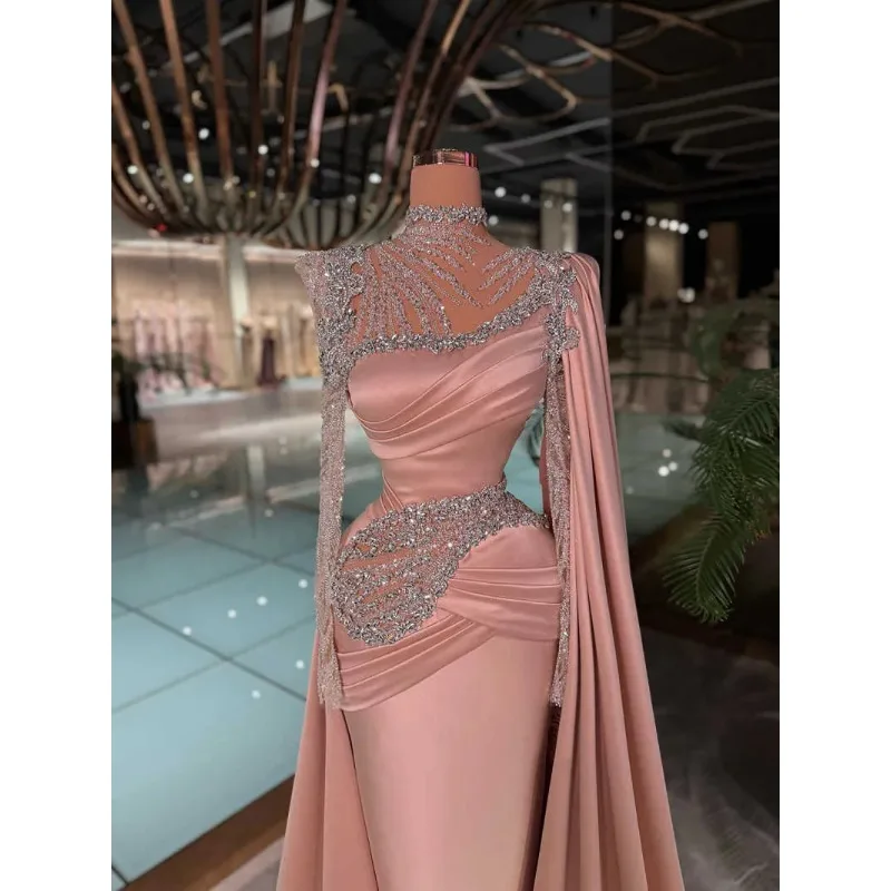 Elegant High Neck Mermaid Women's Formal Evening Dresses Long Sleeve Floor Length Prom Gowns Crystals Party Dress Customized image 2