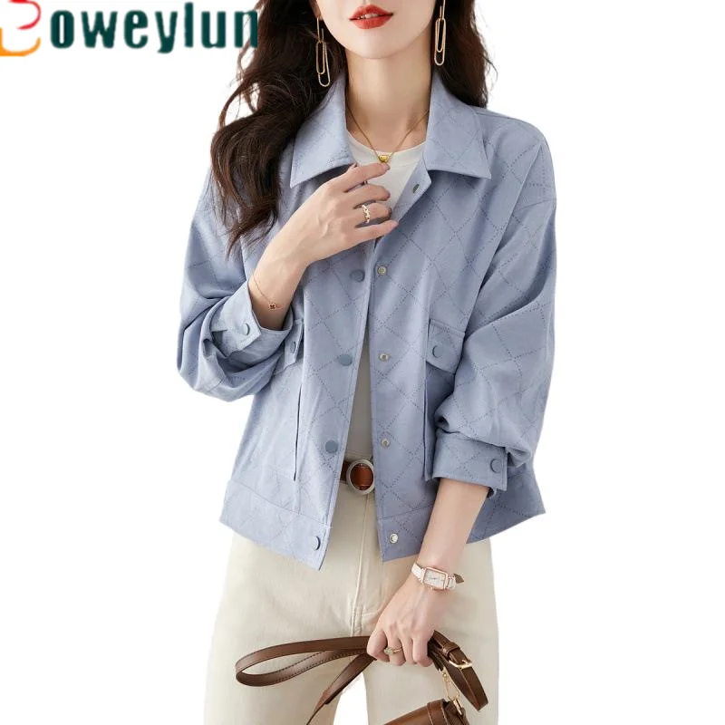 Boweylun New Diamond Plaid Pockets Splicing Coat Women's Spring and Autumn Casual Solid Colour Jacket Girls