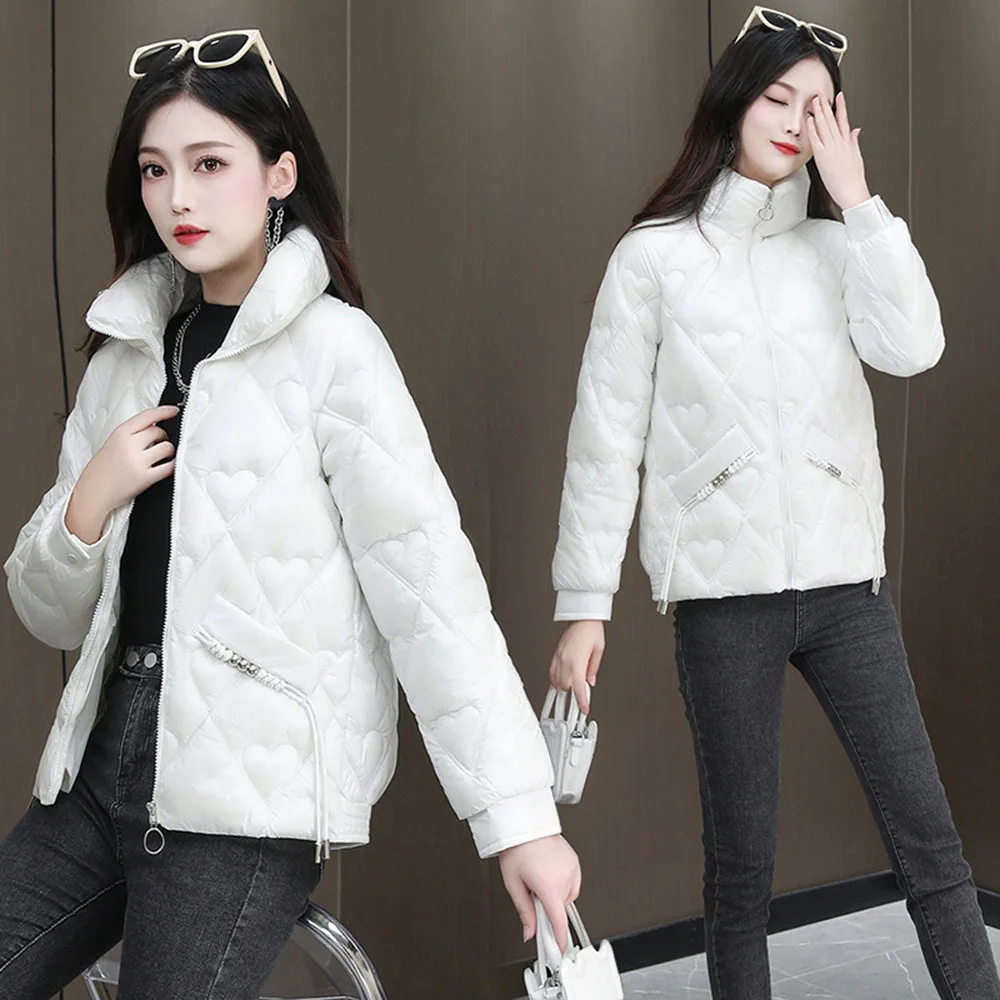 Korean Fashion Cotton Jackets Women Sweet Love Print Pink Stand Collar Padded Coat Autumn Winter Thicken Parka Lady Warm Outwear