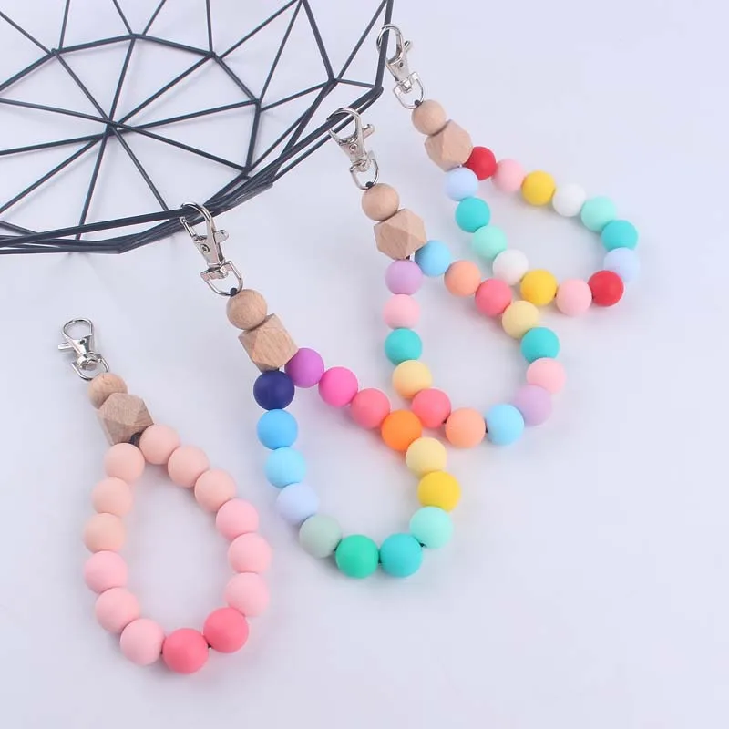 Food Grade Silicone Round Beads Keychain Creative Wooden Wristlet Bracelet Keyring For Women Car Bag Key Chain Jewelry Wholesale