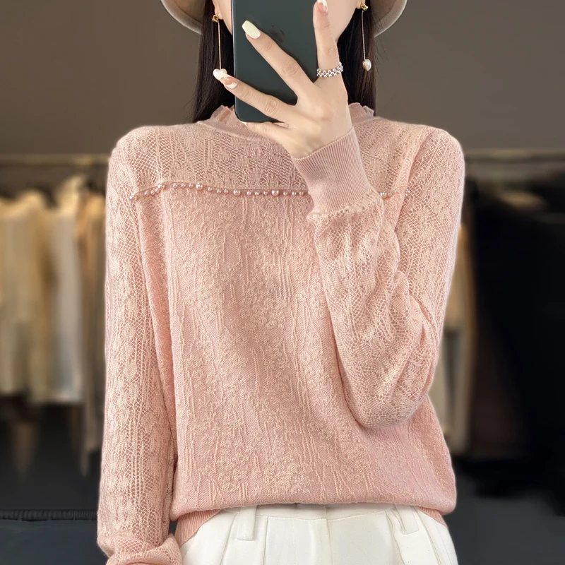 Spring Summer New Woman Wool Sweater Lace Collar Hollow Out Crochet Pullover Casual Knitted Soft Tops Female Loose Sweater