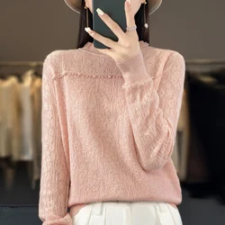 Primavera novedad de verano, suƩter de lana para mujer, jersey de ganchillo calado con cuello de encaje, Tops suaves de punto informales, suƩter suelto para mujer