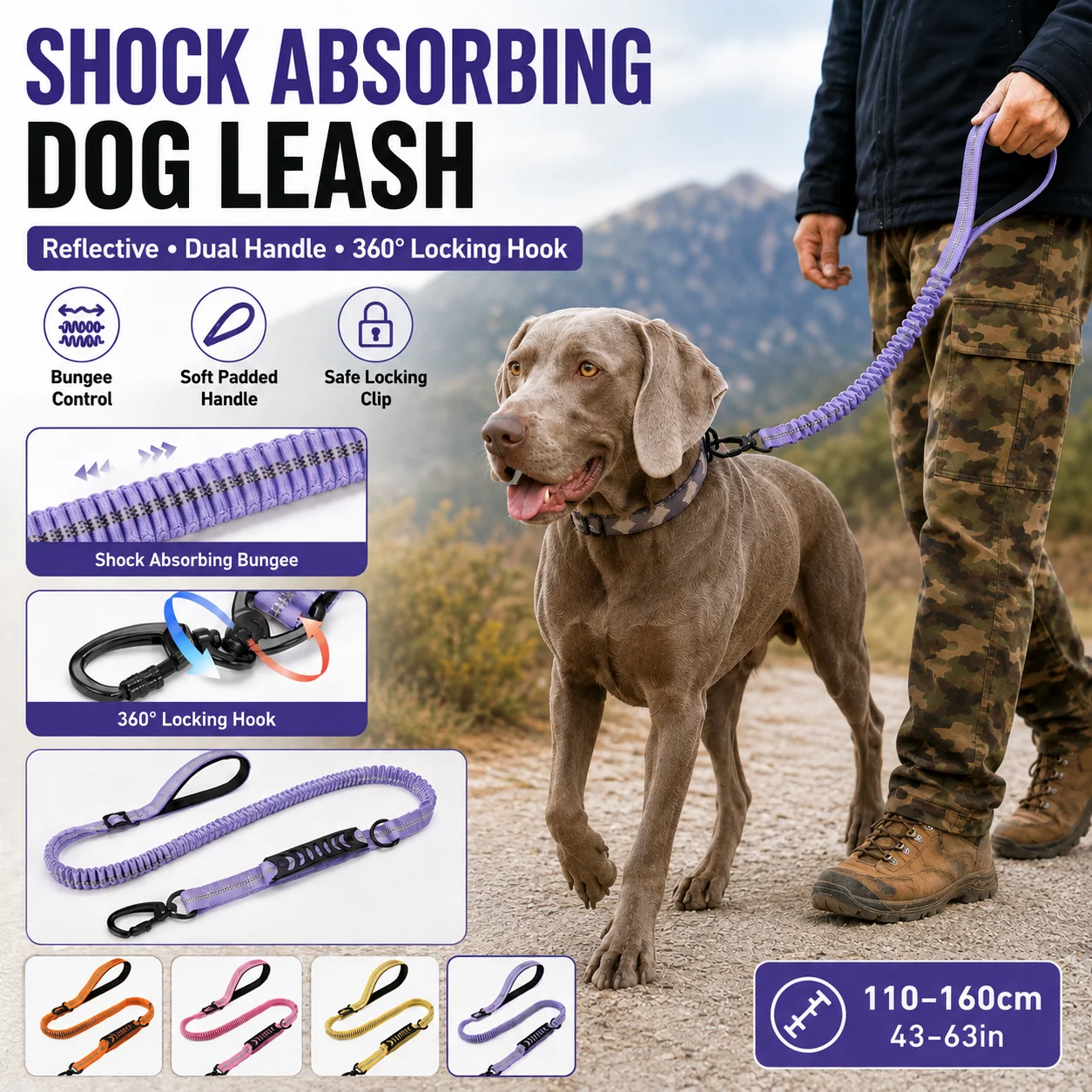 Dog Travel Essentials Shock Absorbing Dog Leash, Reflective Dual Handle Bungee Leash for Walking Hiking Running