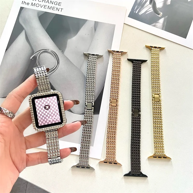 Plaid Slim Chain Stainless Steel Metal Watch Strap for Apple Watch Series 7/6/5/4/se/3/2/1 Rhinestones Exquisite Watchband