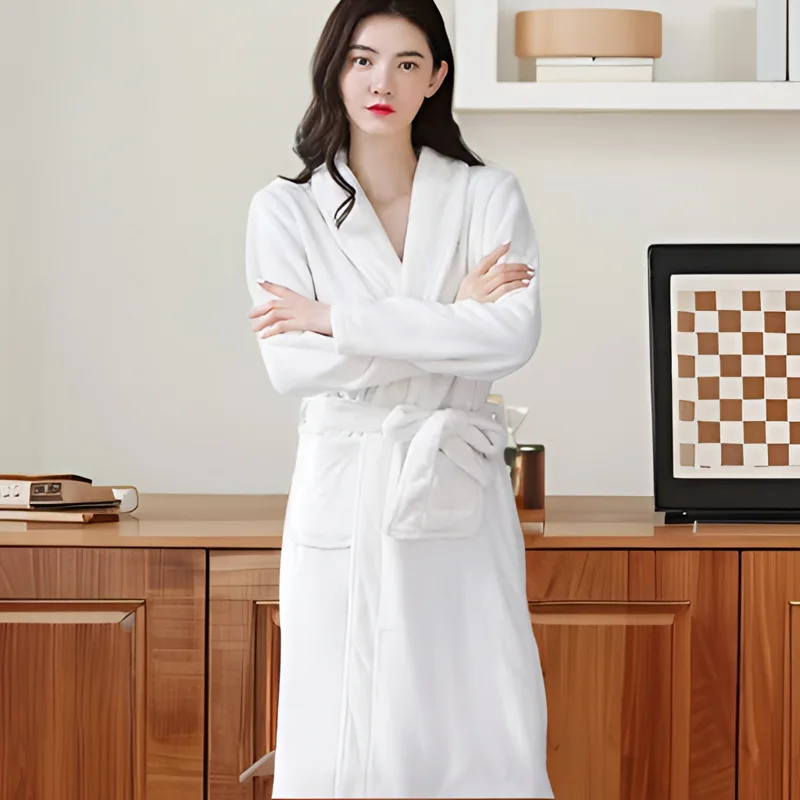 Thickened Flannel Robe Bathrobe Homewear Cardigan Sweater Women Autumn Winter White Lapel Coral Velvet Medium Length Bathwear