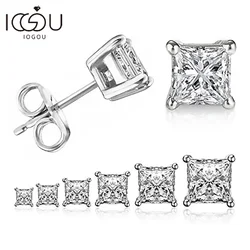 IOGOU 925 Sterling Silver Stud Earrings For Women 4-Claws Square Zirconia Earring Wedding Engagement Bridal Diamond Jewelry Gift