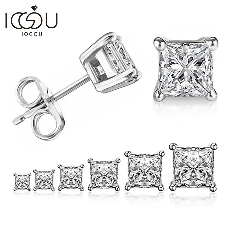 IOGOU 925 kolczyki sztyfty ze srebra wysokiej próby dla kobiet 4-pazury kwadratowy cyrkon kolczyk ślub zaręczyny Bridal diament biżuteria prezent