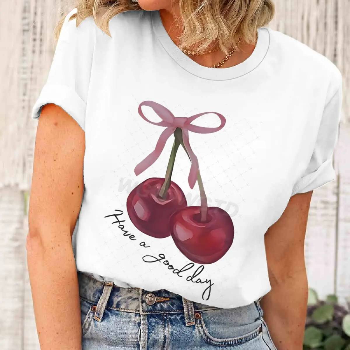 Casual Have A Good Day Bow & Cherry T Shirt Women Trendy Coquette Bow Design Short Sleeve T-shirt Bow & Cherry Summer Clothes