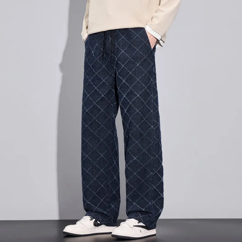Men's Loose Fit Joggers with Drawstring Waist – Comfortable Diamond Plaid Casual Pants for Fall Daily Wear