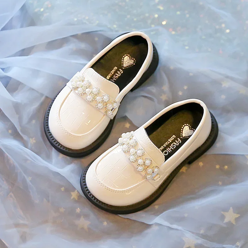 Kids PU Leather Shoes Spring Autumn Fashion Girls Pearls Casual Princess Flats Soft Loafers Simple Children Black Beige