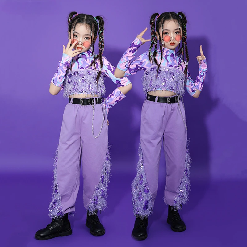 

Girls Hip Hop Sequin Crop Jacket Joggers Clothes Sets Kids Top Stage Show Costumes Children Streetwear Street Dance Purple Pants