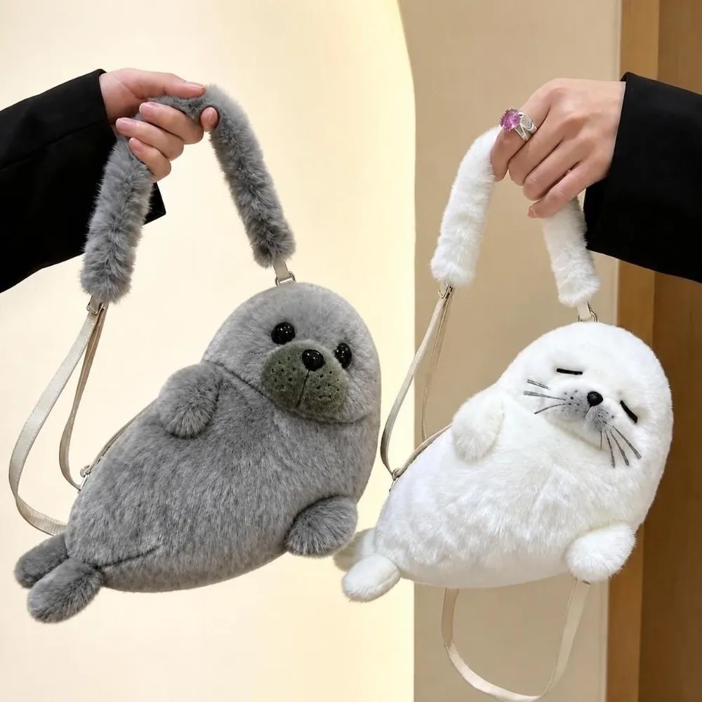 Soft Fluffy Cute Seal Shoulder Bag Cartoon Lightweight Crossbody Bag Plush Fabric Adjustable Straps Phone Bag