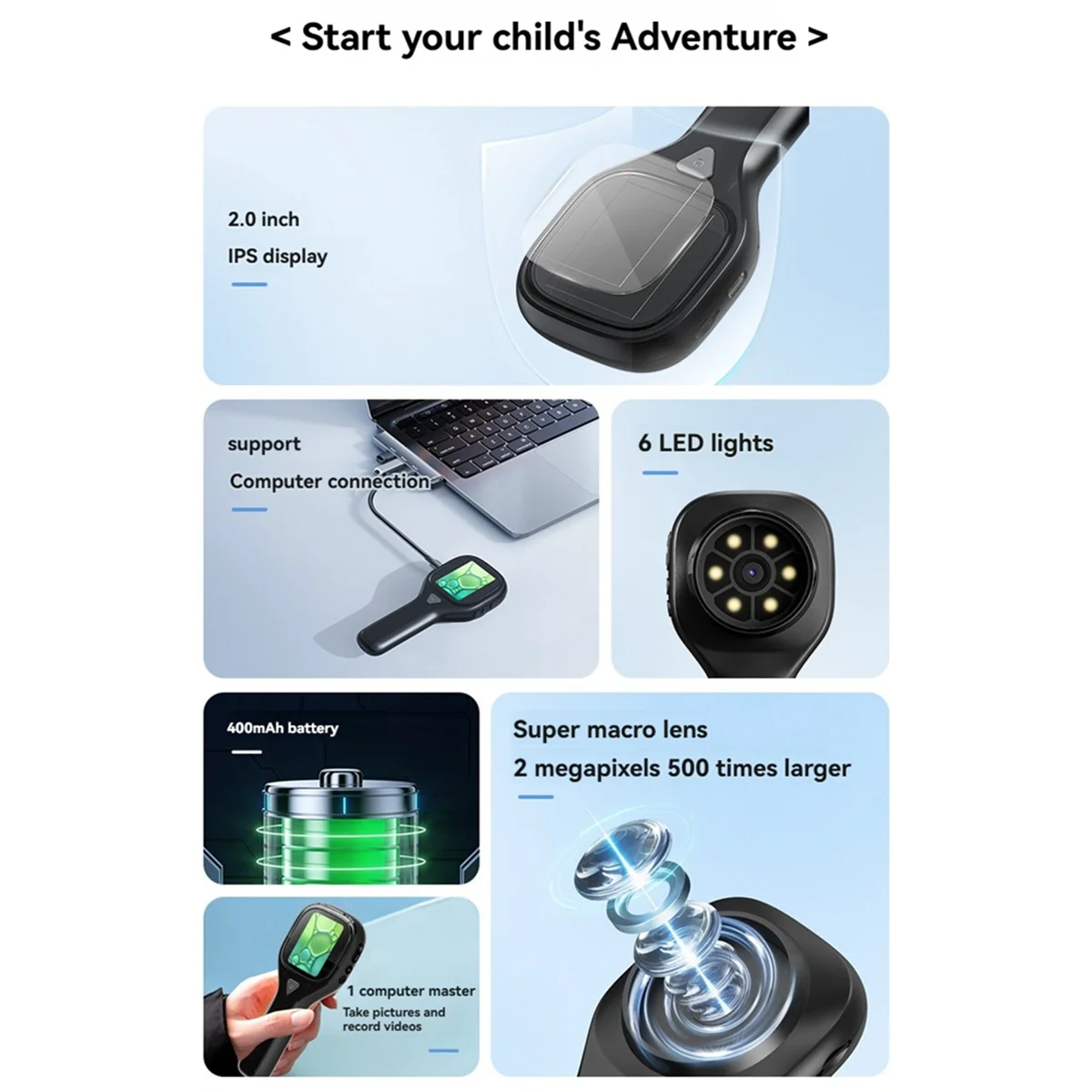 A002 Portable Digital Handheld Microscope Magnifier with LED Lights,Usb 2.0 Inch Screen,Chip Print Textile Inspection White