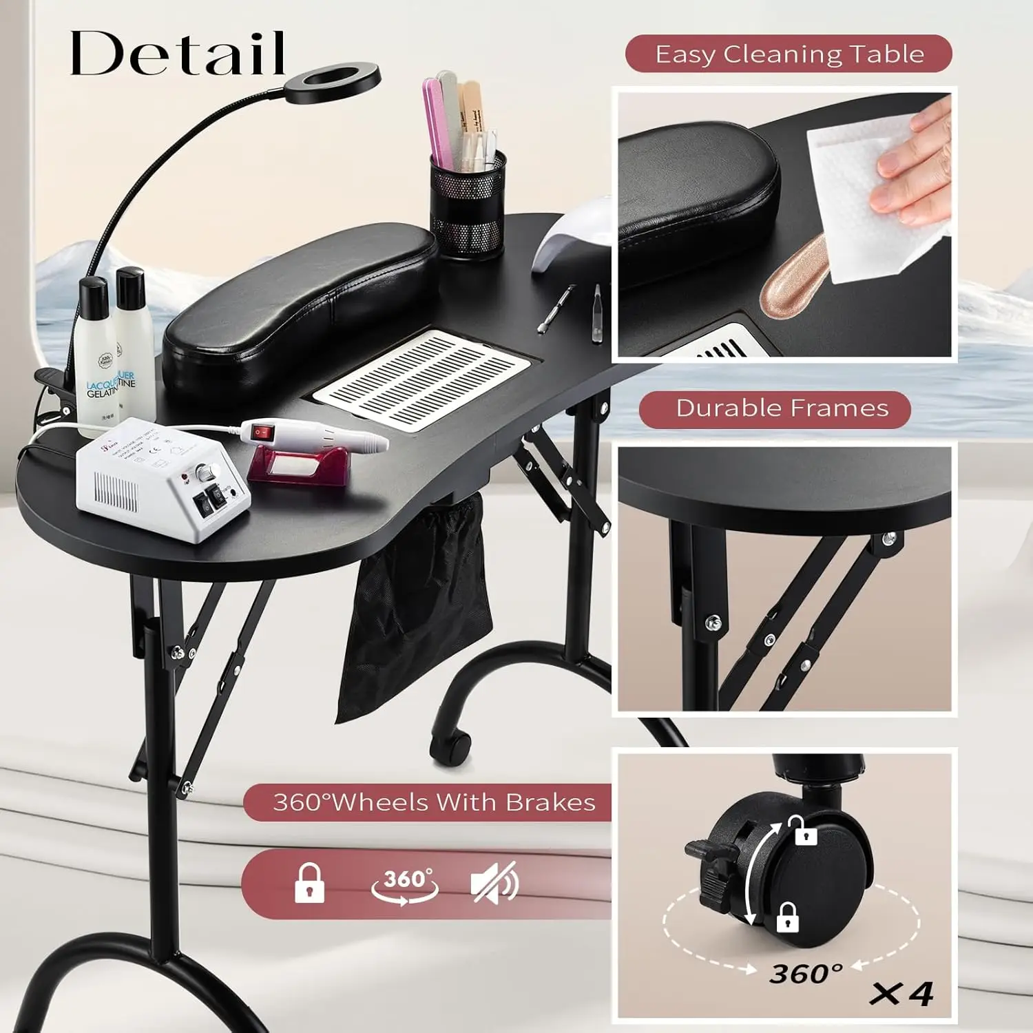 Nail Salon Table with Dust Collector Nail Desk Manicure for Nail Tech Station Professional Foldable Table Armrest Lockable Wheel - view 4