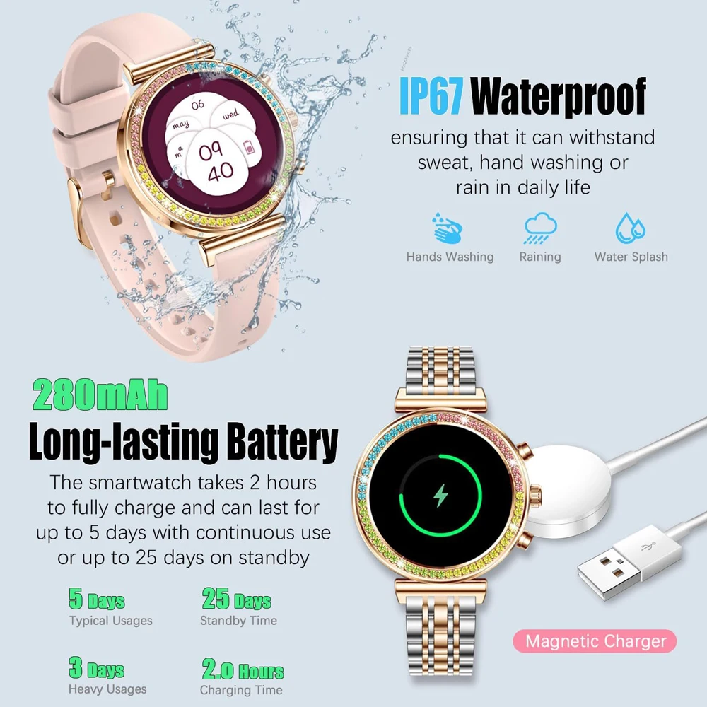 2025 ساعة ذكية جديدة للمرأة 1.27 "HD عرض ساعة ذكية النساء بلوتوث المكالمات مقاوم للماء الرياضة مراقبة معدل ضربات القلب الساعات