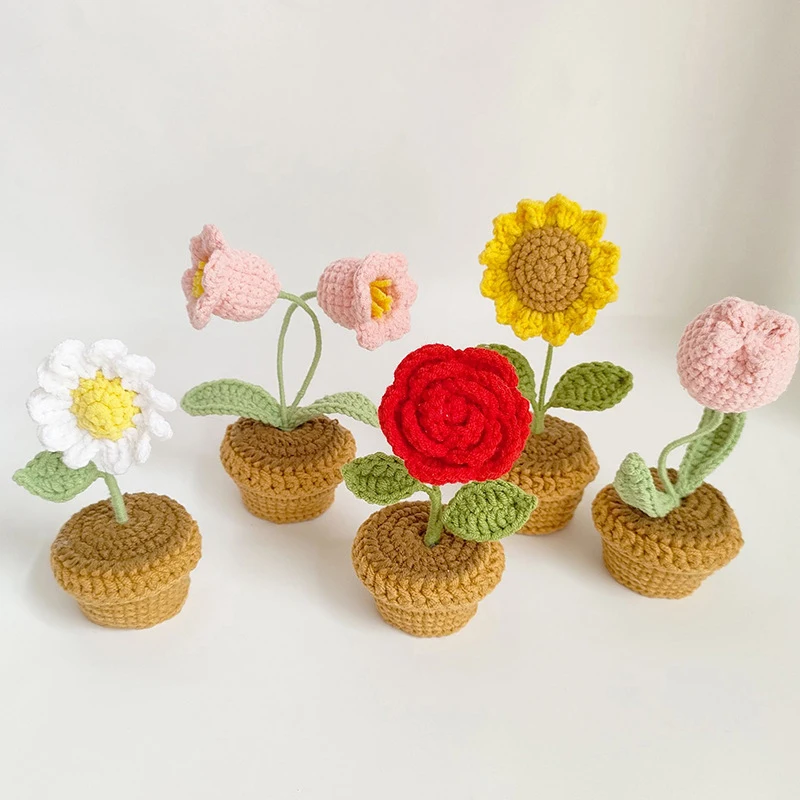 Hand Knitting Potted Plants Hand-woven Rose Sunflower Tulip Crochet Flower Auto Interior Accessories Car Decoration Ornaments