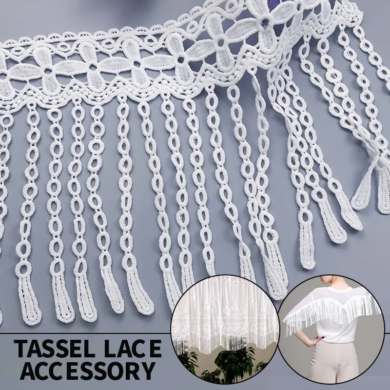 1yard Hollow Out Floral Embroidered White Lace Ribbon Long Fringe Lace Tape Wedding Dress Home Curtain Garment Decoration Tassel