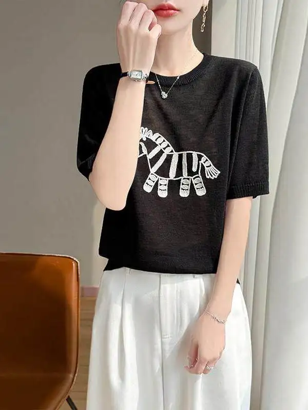 

Korean Style round Neck Short Sleeve T-Shirt Embroidered Bamboo Fiber Loose Fit Breathable Women's Top Fashionable Pattern