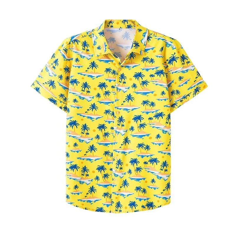 

Hawaiian Men Fashion Cuban Shirts Chic Coconut Tree Yellow Blouse Single Breasted Short Sleeve Beach Tops Quick Drying Surfing