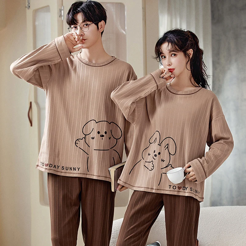 Couple Pajamas Set Spring and Autumn Knited Cotton Sleepwear Women and Men Pijamas Cute Cartoon Home Clothes M-4XL Pyjamas