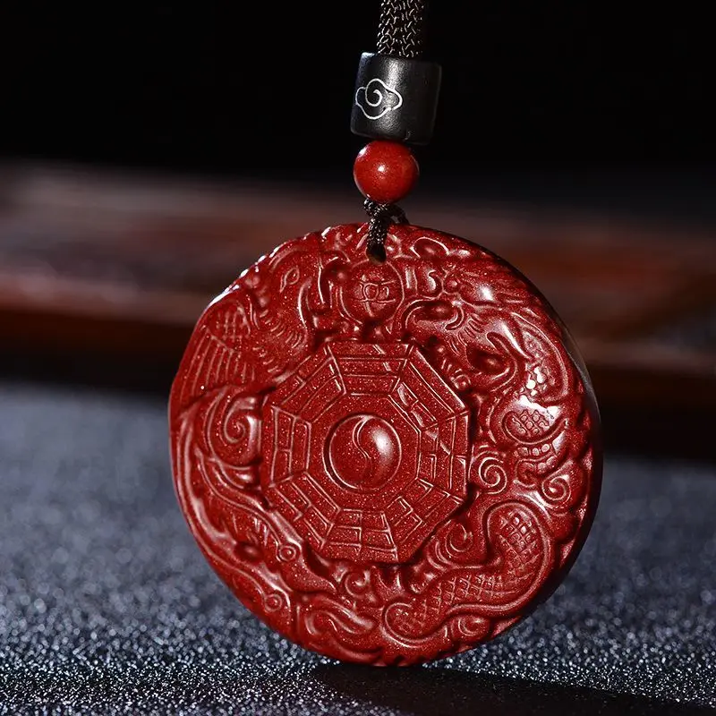 Traditional Chinese Lucky Cinnabar Yin Yang Tai Chi Bagua Dragon Phoenix Amulet Pendant Unisex Blessing Good Luck Fortune Protec