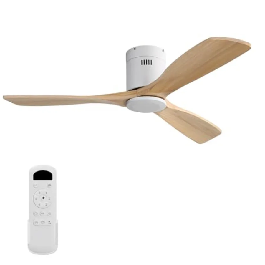 

Bedroom Living Room ceiling fan, solid wood, natural wood, low profile flush mount with 5000CFM airflow, quiet DC motor, 6 spee