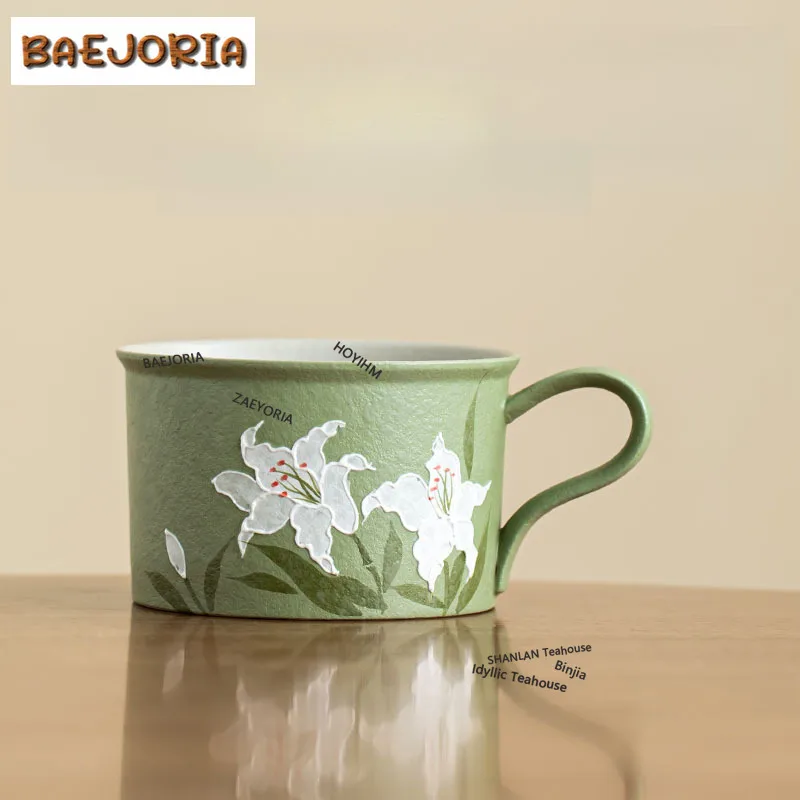 BAEJORIA 140ml Hand-painted Lily Flower Coffee Mug With Plate Oatmeal Breakfast Mug Afternoon Tea Mug Cup Saucer Kit Tea Items
