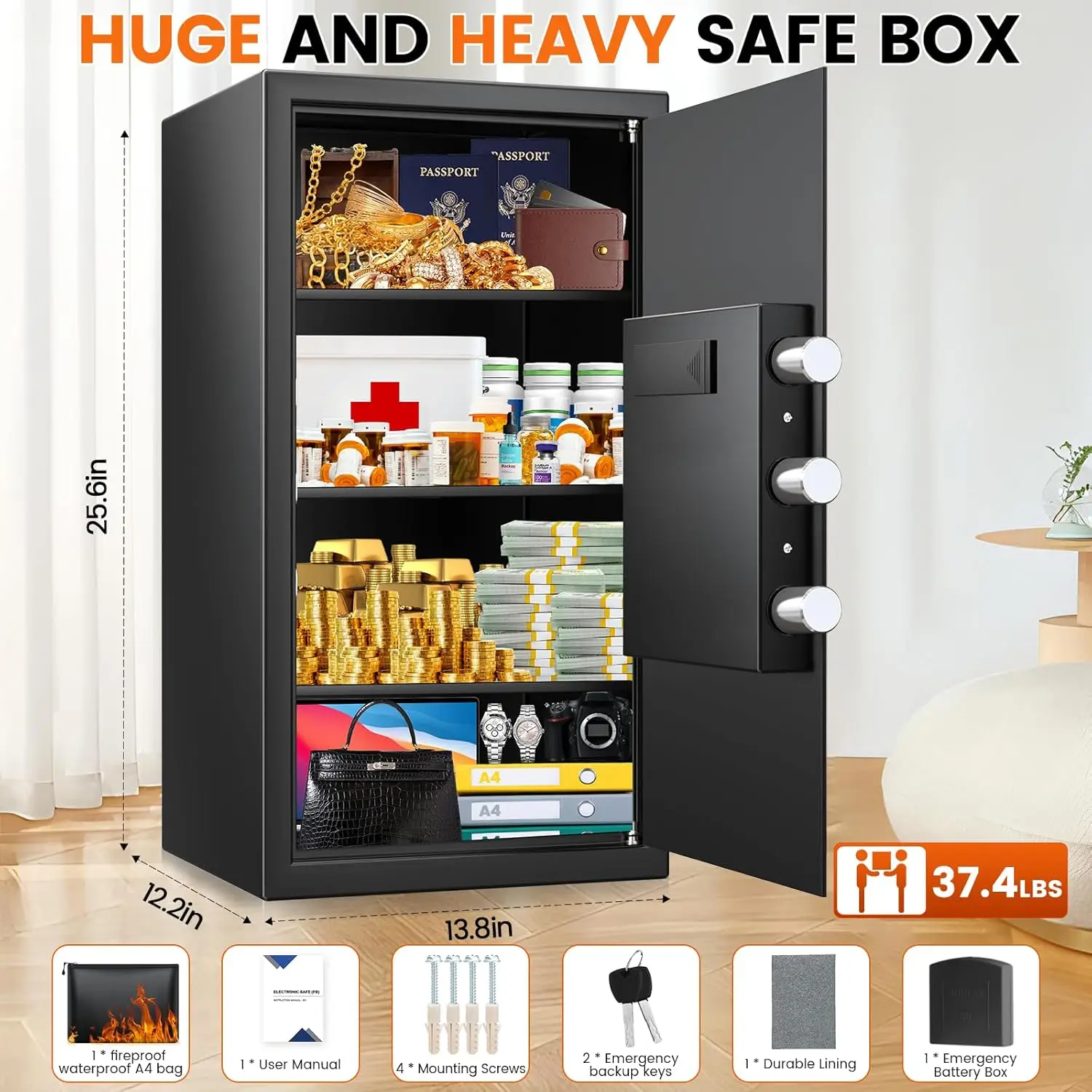 6.0 Cu Ft Large Fireproof Safe, Home Safe Water and Fireproof, Digital Security Safety Box for Money Firearm Medicines Document