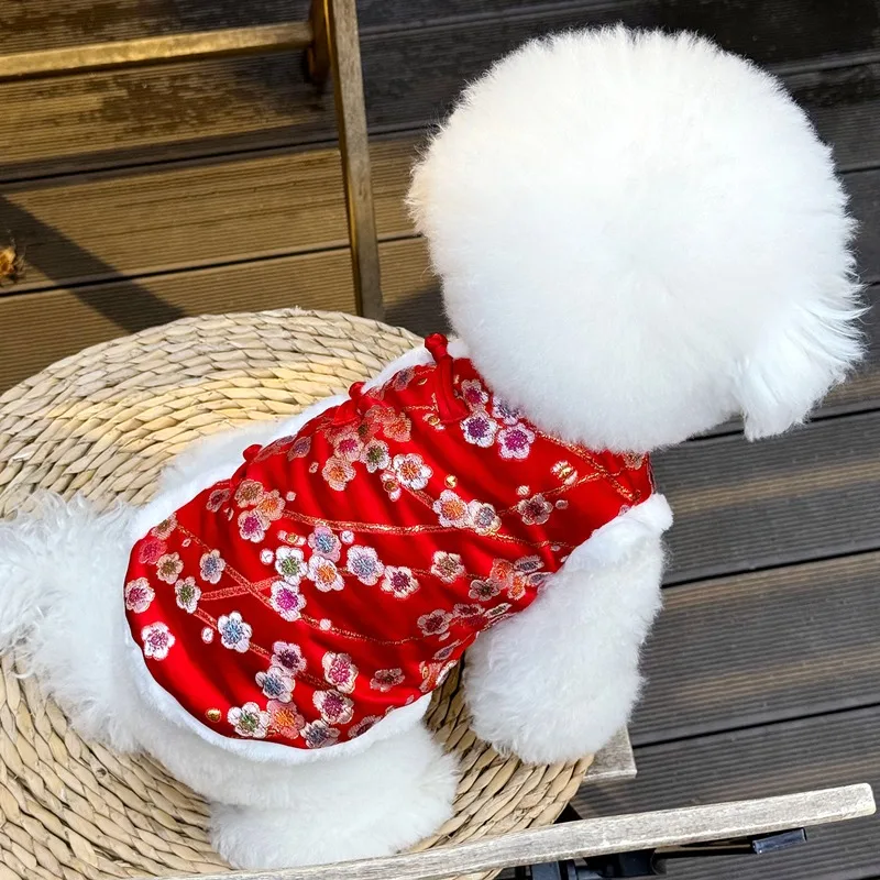 

Red Embroidered Dog Clothes Pet Puppy New Year Stamping Vest Winter Warm Teddy Cotton Coat Pretty Flower Open Button Shirt