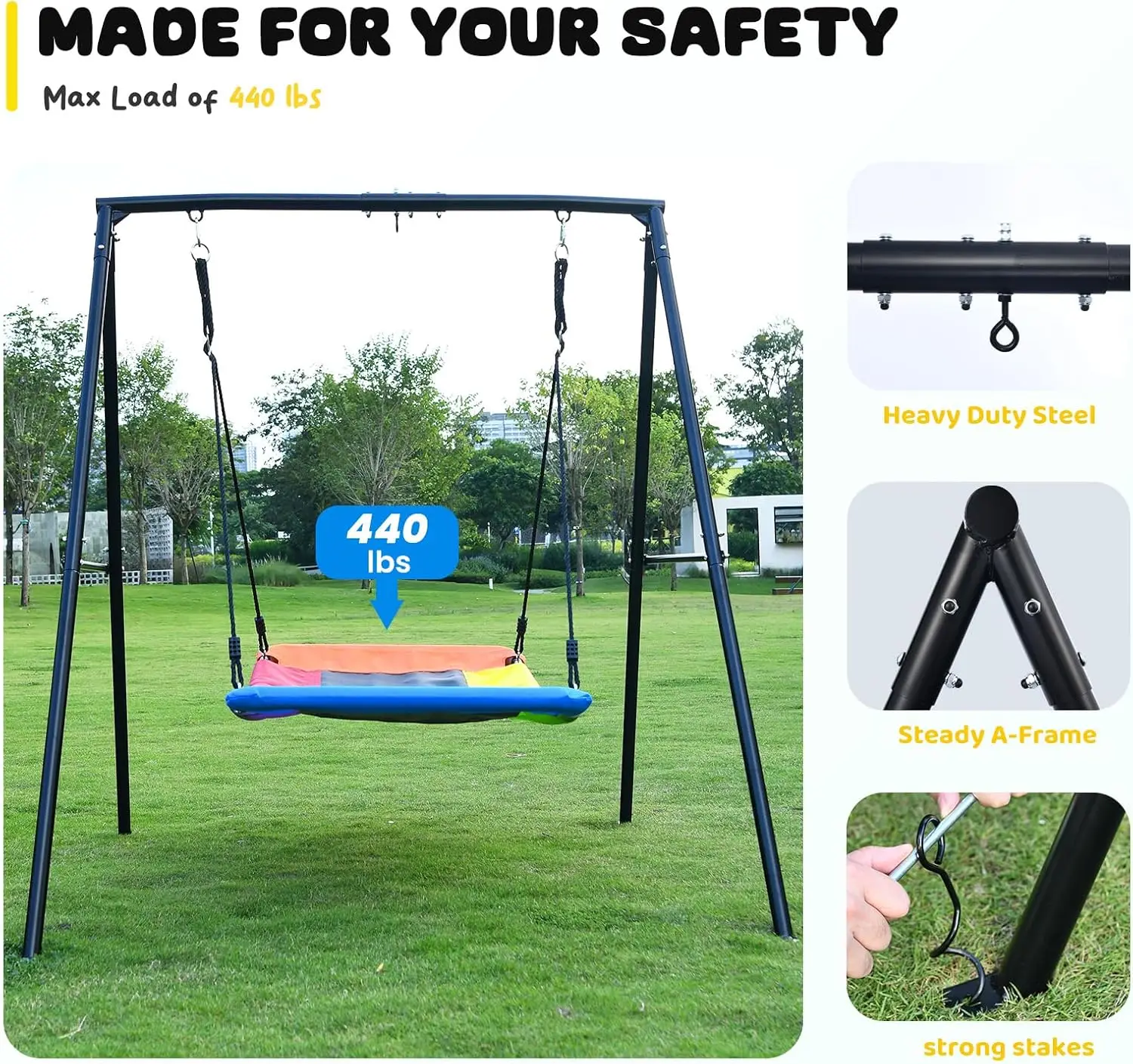 Swing Sets for Backyard, 440lbs Heavy Duty A-Frame Metal Swing Stand with 60