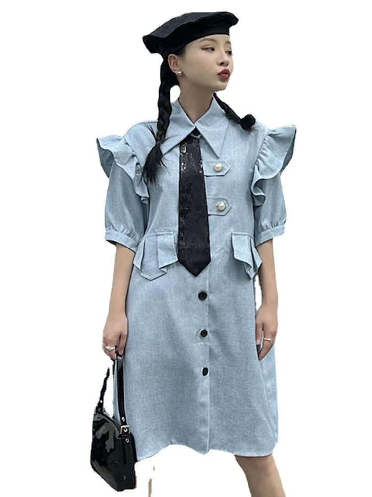 

TPJB New Ruffle Patchwork Tie Bow Dress For Women Fashion Pearl Decoration Puff Sleeve Elegant Dresses Summer New Tide Vestido