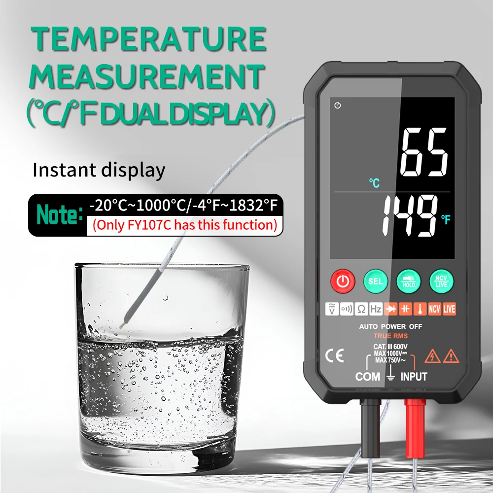 FY107A/107C Digital Multimeter Smart DC AC Voltage Capacitor ohm diode NCV HZ multi Taster transistor 6000count detector Meter