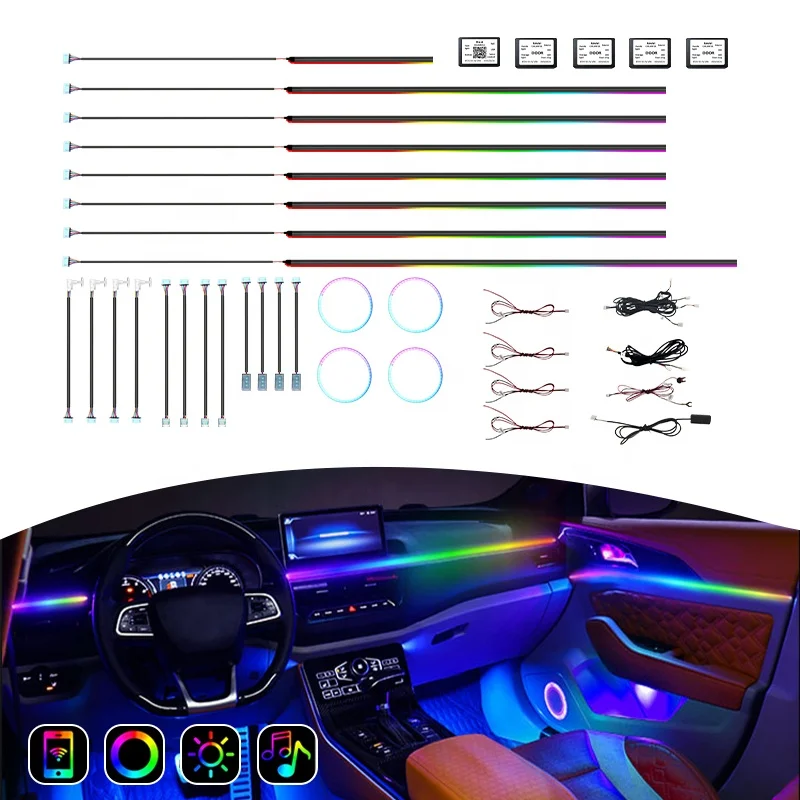 

24-в-1 Полноцветная светодиодная лента для автомобиля, RGB, 64 цвета, универсальная, скрытая акриловая полоса, атмосферная лампа-симфония