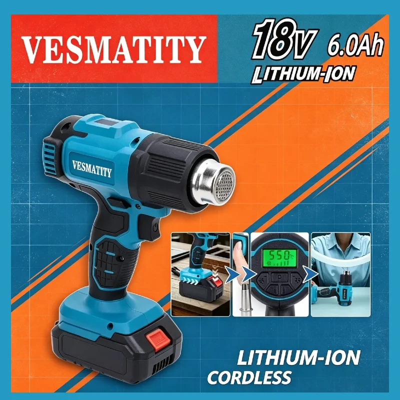 VESMATITY Cordless Hot Air Gun Industrial Handheld Electric Heat Gun Adjustable Temperatures Tool for 18V 20V Battery Pro Max