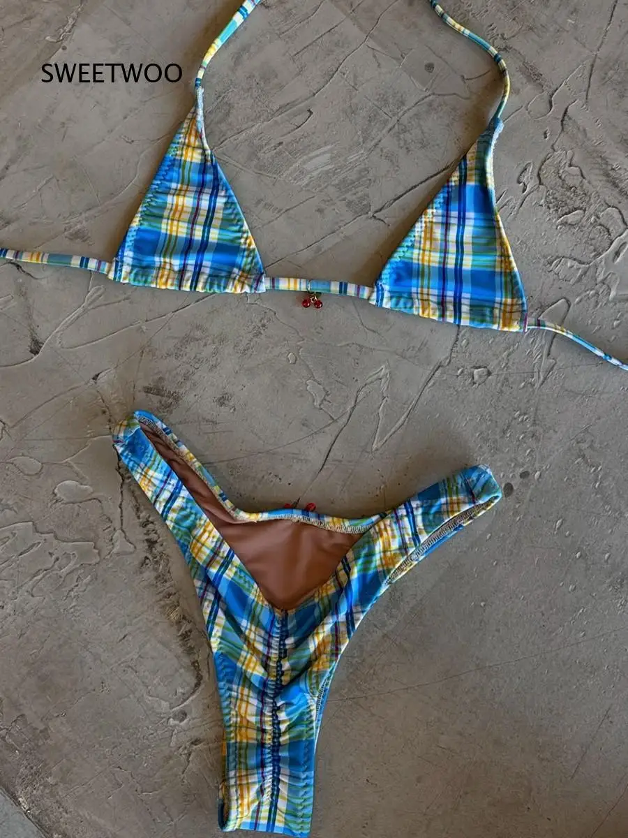 Women Two Piece Bikini Set Blue Plaid Print Halter Triangle Top Tie Side Bottom Bathing Suit For Summer Pool Seaside Vacation Be