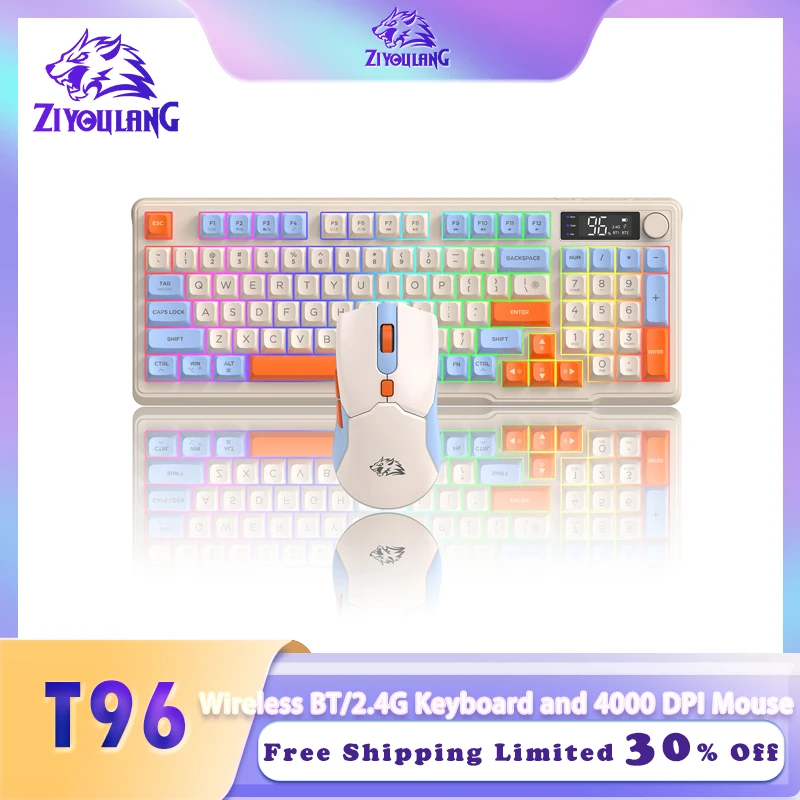 

ZIYOU LANG T96 Wireless Gaming Keyboard and Mouse Combo,Dual BT//2.4G RGB Backlit Keyboard with Smart Display & Knob,4000 DPI