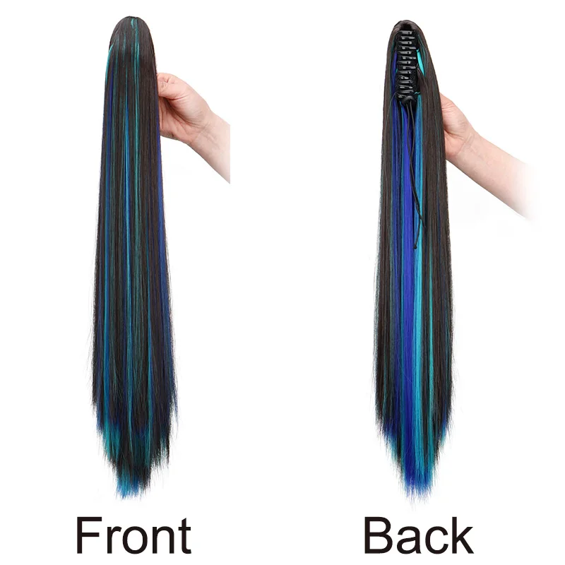 Extensión de cabello de 24 pulgadas sintética larga lacia con colores de mechas, clip de cangrejo, postizo para mujer en azul y rojo 4