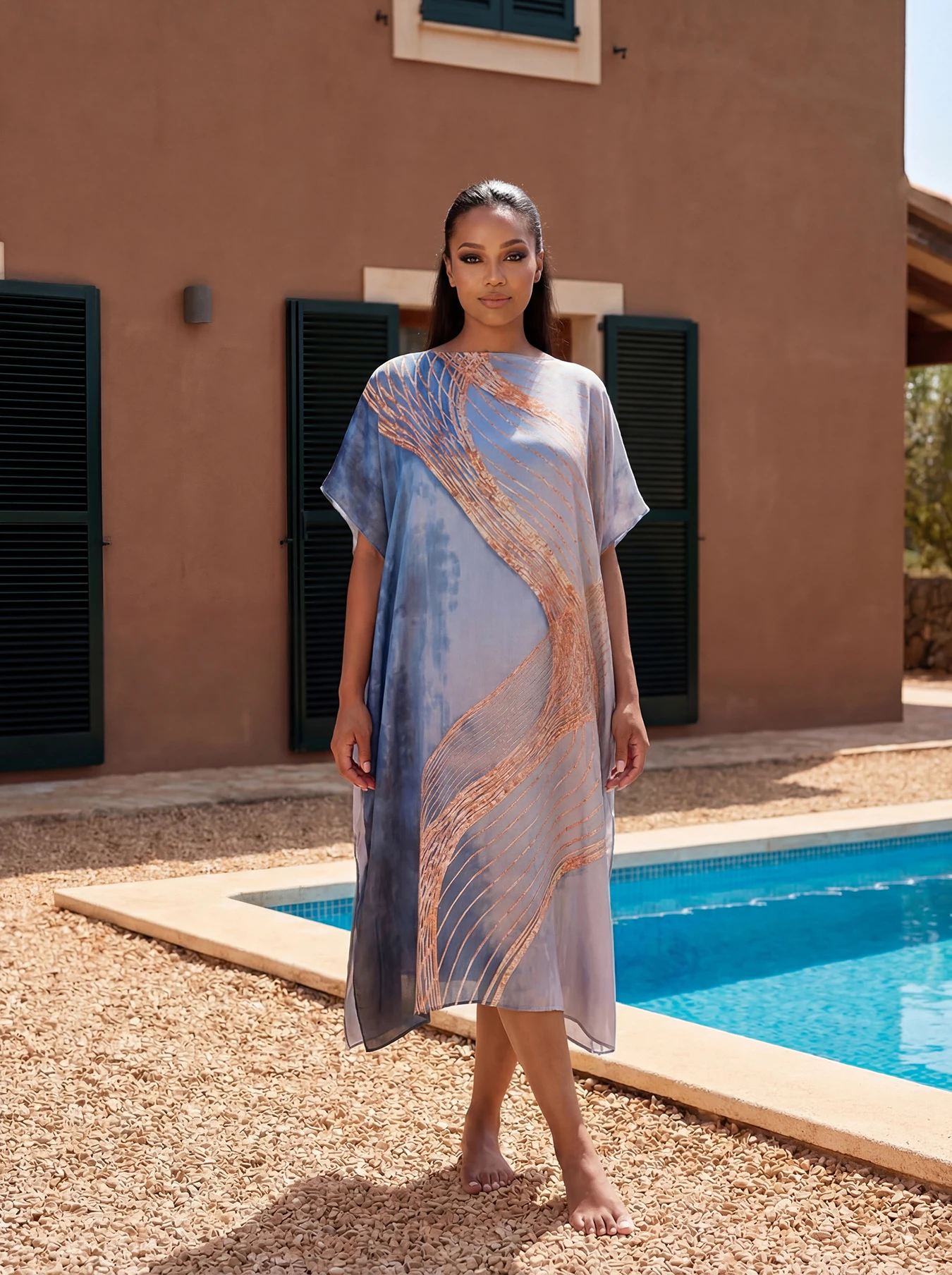 

Summer Hot Sale Of The Season Muslim Large Size Women's Satin Silk Print Series Midi Dress Batwing Sleeve Three-quarter Lengt