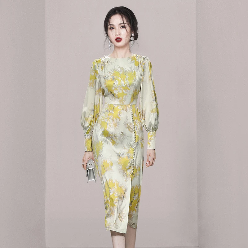 2023 New Runway Fashion Autumn Bodycon Dress Women Round Collar Flower Print Yellow Beading Lantern Sleeve Female Split Vestidos