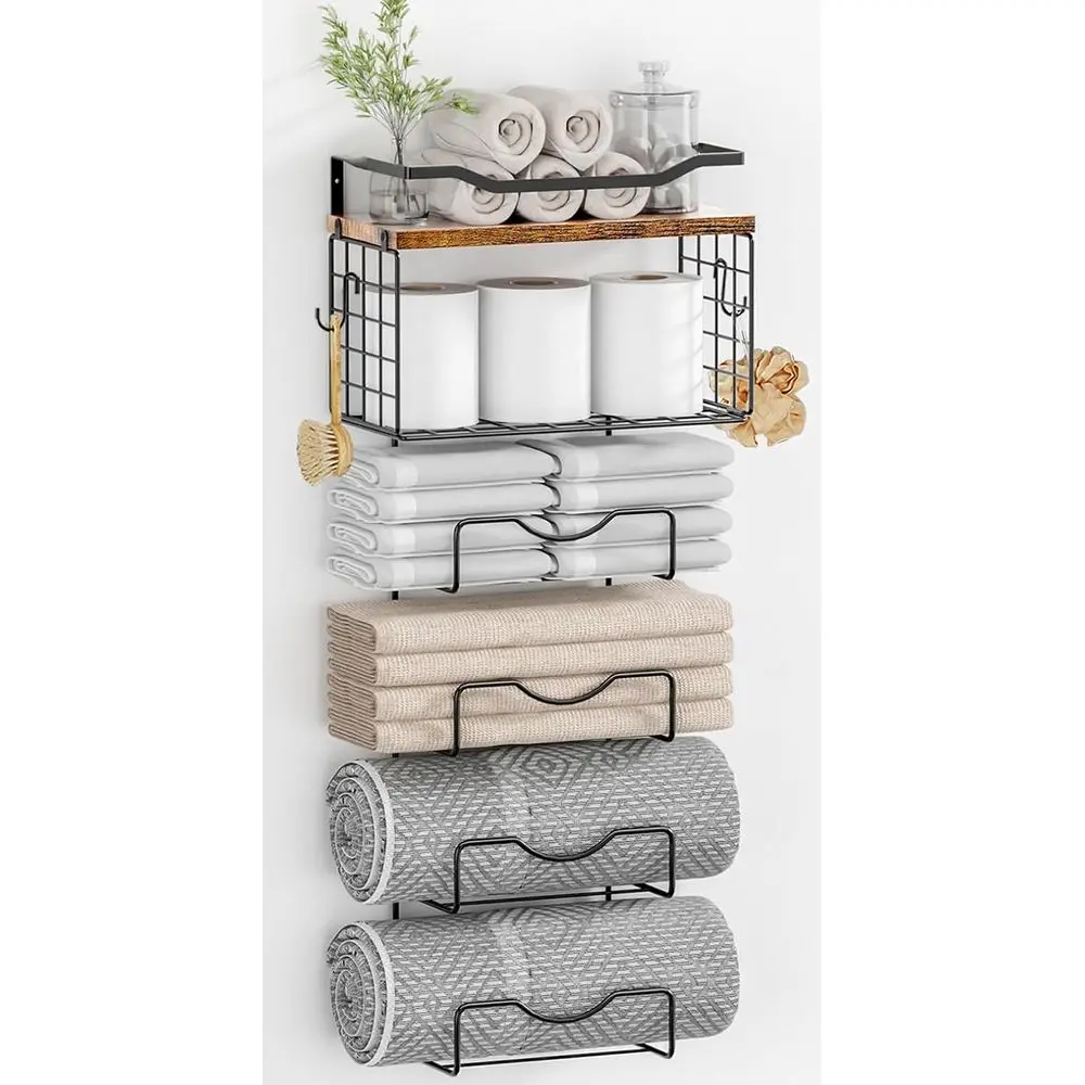 Towel Racks Bathroom, Wall Mounted 6 Tier Rolled Towel Holder with Floating Shelves, Metal and Wood