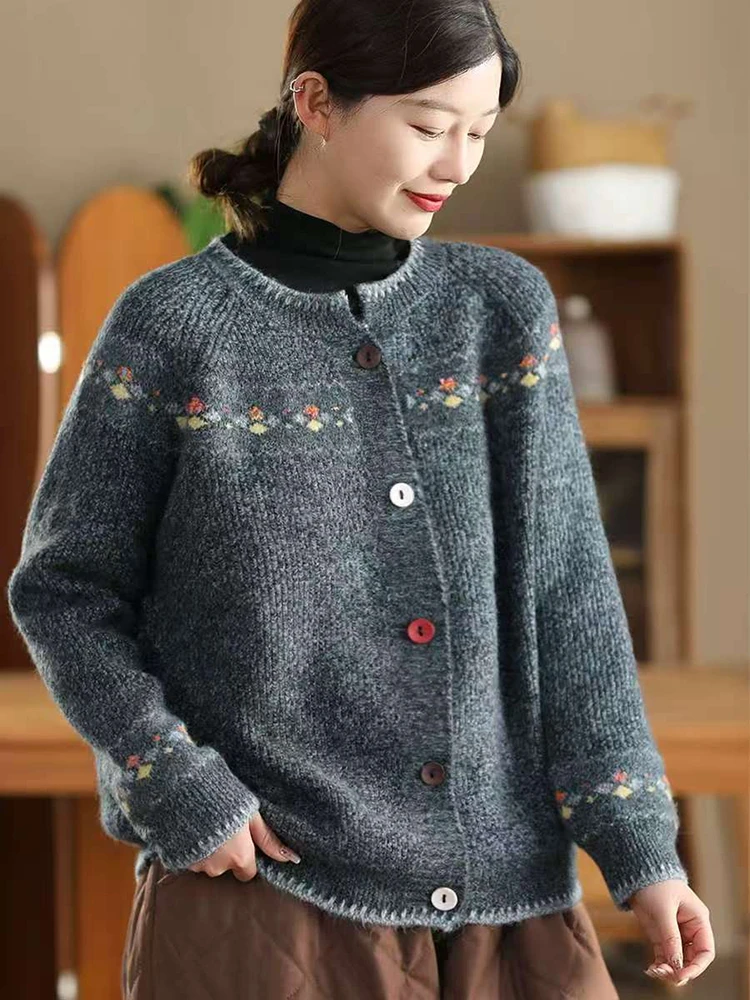 

Женский повседневный вязаный кардиган, Новое поступление, осень 2022, простой стиль, с круглым вырезом и геометрическим узором, женские свитера с длинными рукавами M2020