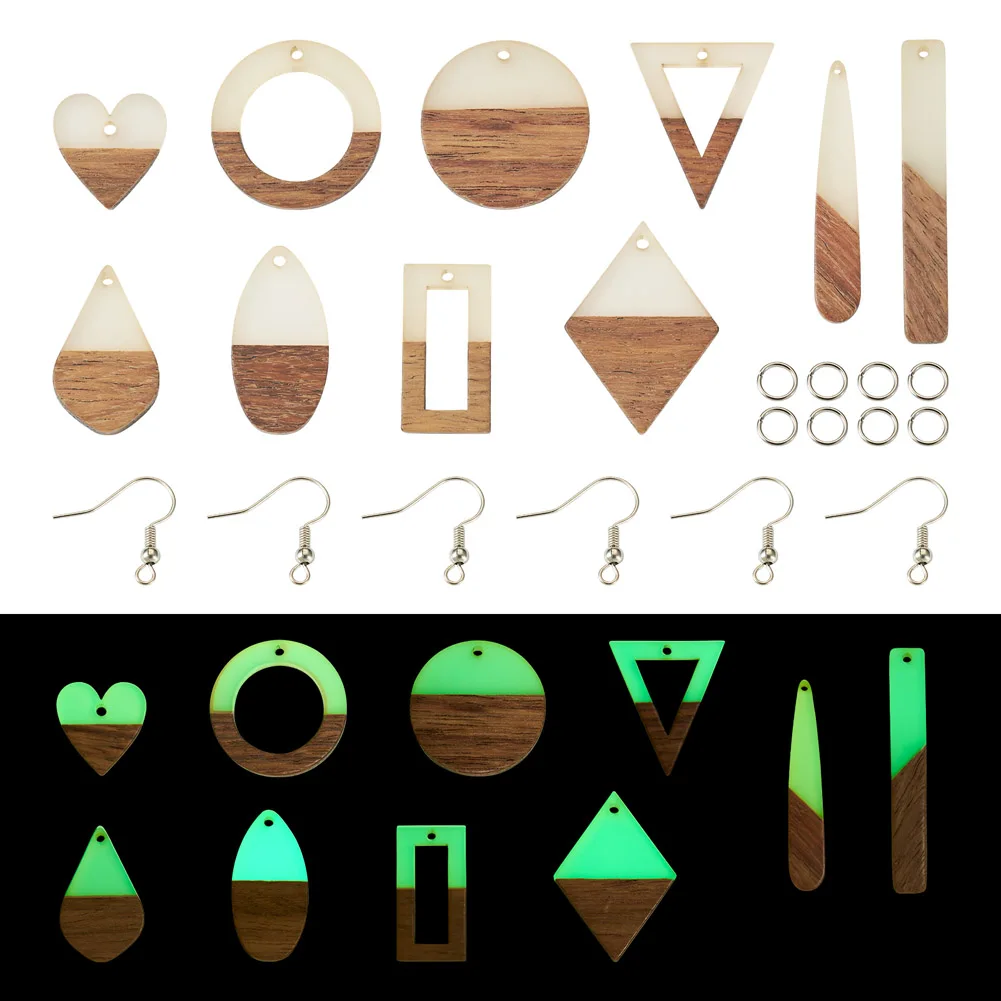 

1 Set Luminous Resin Wood Earring Making Kit Geometry Polygon Rectangle Teardrop Pendants Glow in the Dark for Jewelry Making