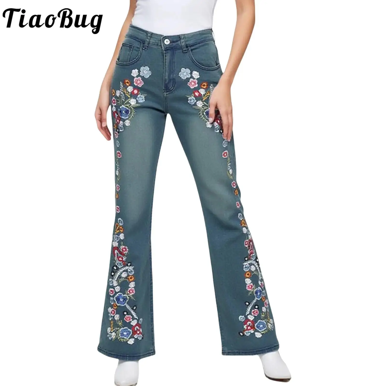 

Casual Women Exquisite Floral Embroidery Flared Jeans Fashion Party Bell Bottom Denim Pants Trousers for Office Daily Outings