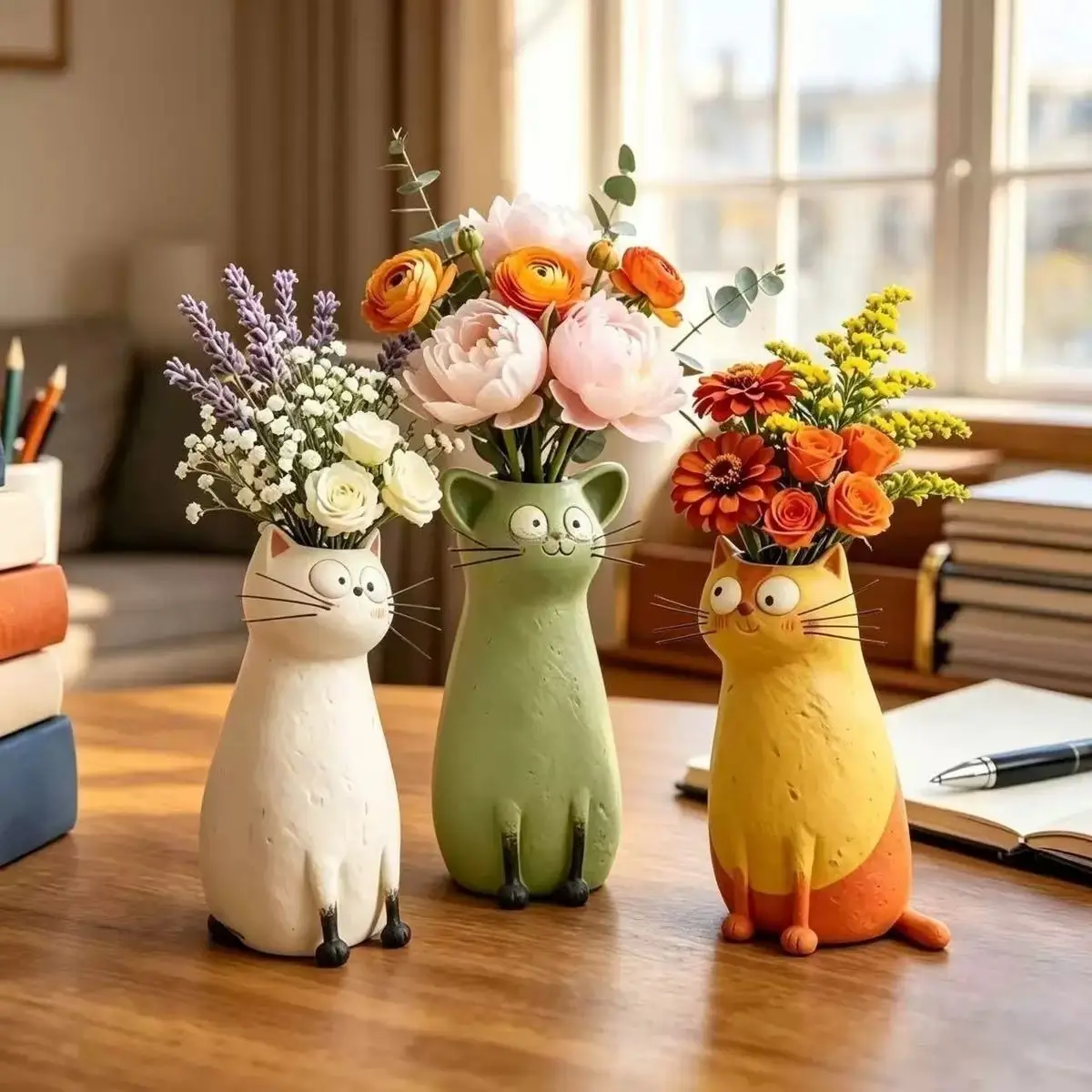 Creative Cat Resin Vase, Cute Kitten Flower Vase, Novelty Animal Sculpture for Living Room Tabletop, Whimsical Home Decor Desk