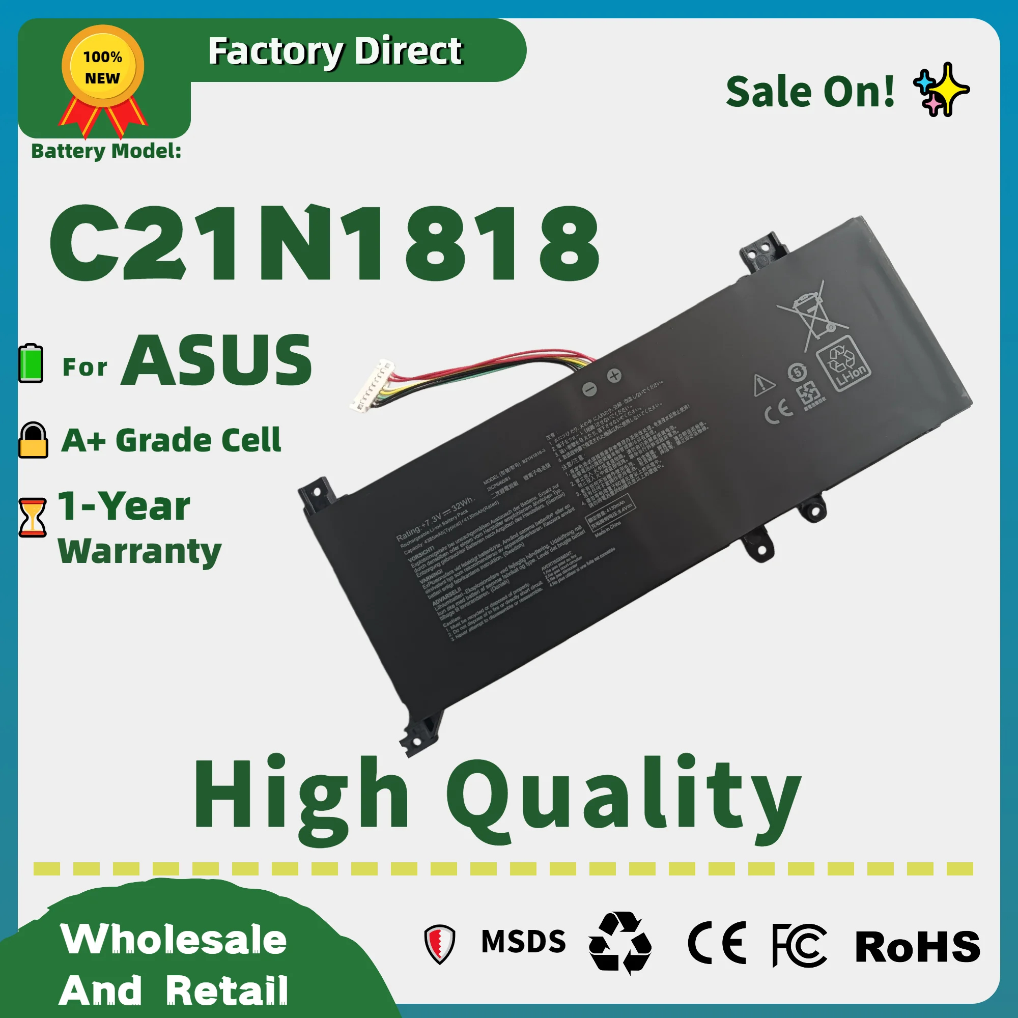 Factory Direct! C21N1818 Laptop Battery For ASUS VivoBook 15 S512DK S512FA X712 S412 F412 R424D 14 X509 X409 BatteryF