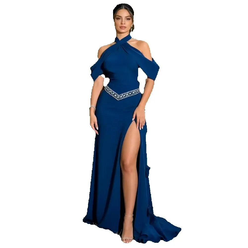 

Blue Beaded Floral Long Bespoke Occasion Gown Evening Dress Pastrol Unisex Jersey Retro Dubai Saudi Arabic Prom 2026Customized
