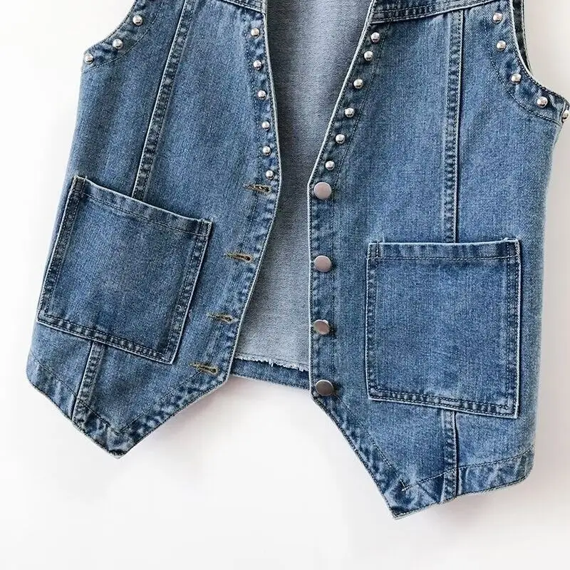 Gilet en denim rivet boutonné pour femme, gilet à poches extérieur, décontracté