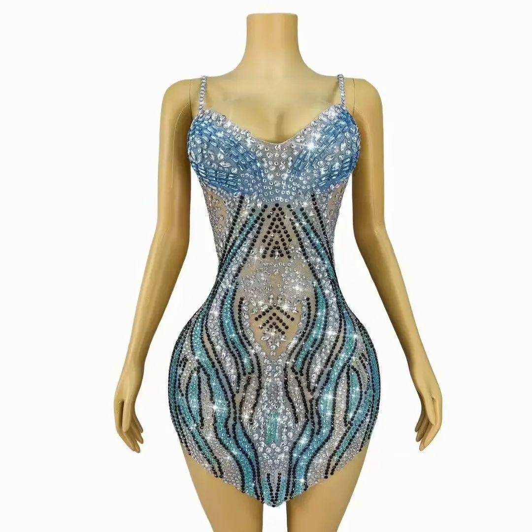 

Sparkly Rhinestones Slip Short Skirt for Women Sexy Mesh See Through Evening Celebrate Birthday Dress Photo Shoot Wear